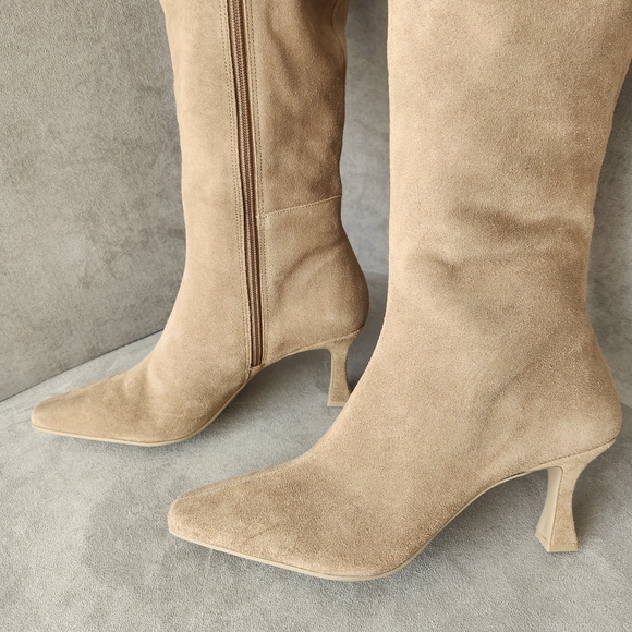 Gianni Bini heeled boots 9.5 beige suede CatWalk knee high snip toe tall new$130 - Picture 7 of 16